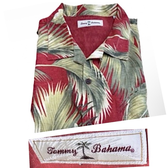 TOMMY BAHAMA Lg Silk Button Up Shirt Red w/ Palm Leaves& Hibiscus Short Sleeves - Picture 2 of 7